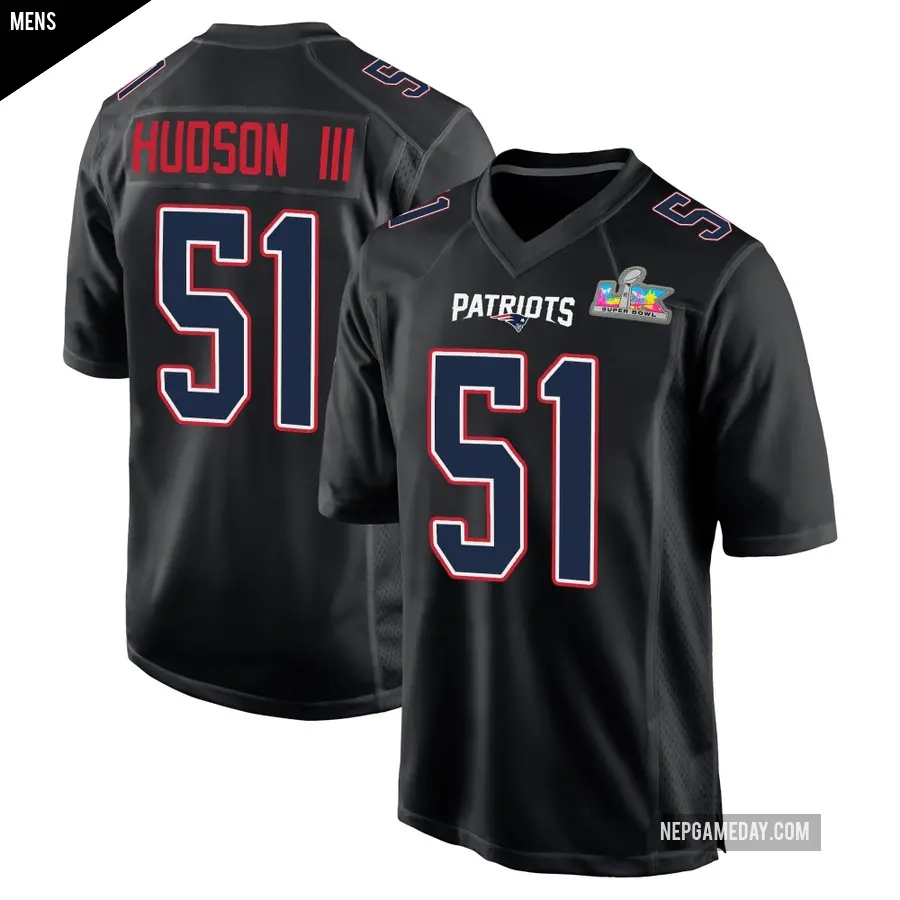 Men's New England Patriots ＃51 James Hudson III Black Game Carbon Fashion Super Bowl LX Patch Jersey
