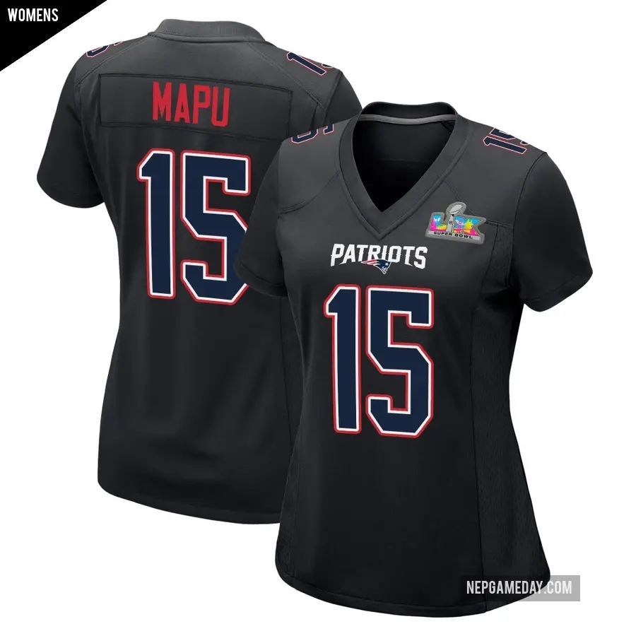 Women's New England Patriots ＃15 Marte Mapu Black Game Carbon Fashion Super Bowl LX Patch Jersey
