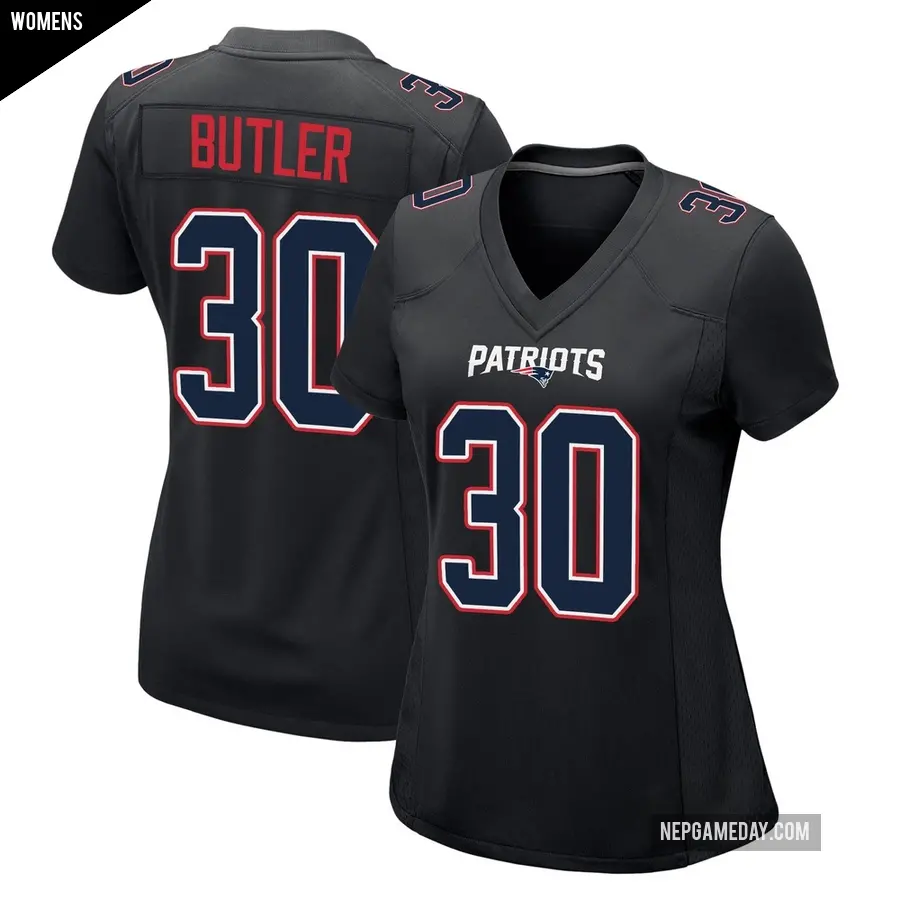 Women's New England Patriots ＃30 Eric Butler Black Game Carbon Fashion Jersey