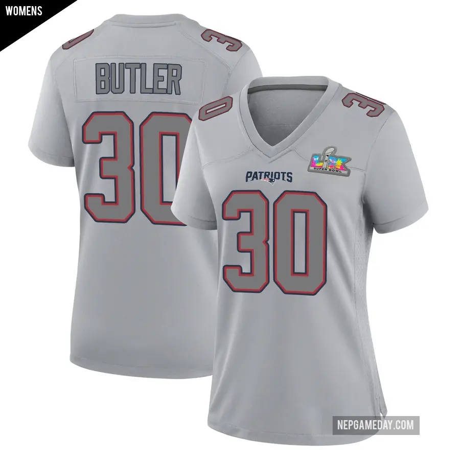 Women's New England Patriots ＃30 Eric Butler Game Silver Atmosphere Fashion Super Bowl LX Patch Jersey