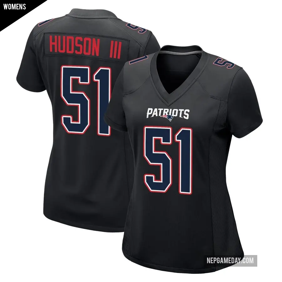 Women's New England Patriots ＃51 James Hudson III Black Game Carbon Fashion Jersey