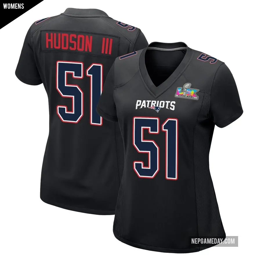 Women's New England Patriots ＃51 James Hudson III Black Game Carbon Fashion Super Bowl LX Patch Jersey