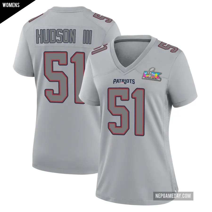 Women's New England Patriots ＃51 James Hudson III Game Silver Atmosphere Fashion Super Bowl LX Patch Jersey