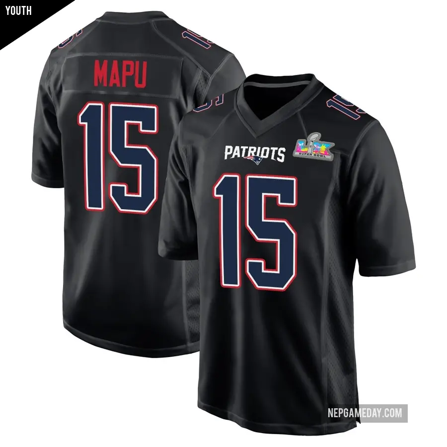 Youth New England Patriots ＃15 Marte Mapu Black Game Carbon Fashion Super Bowl LX Patch Jersey
