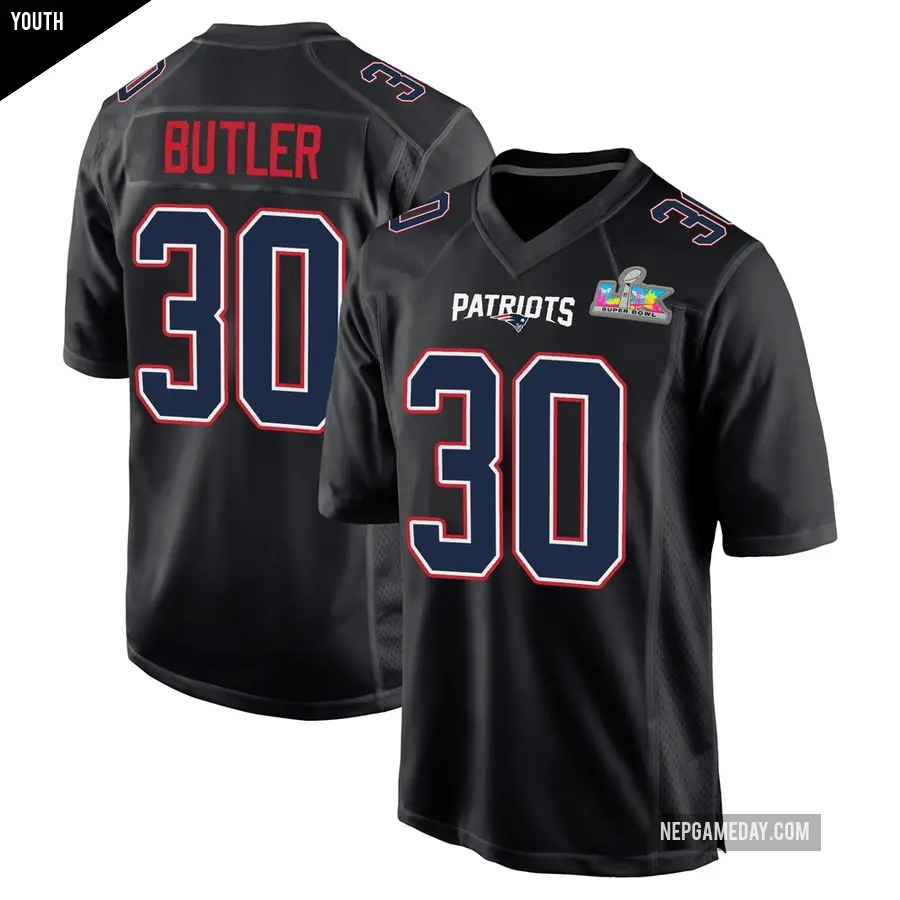 Youth New England Patriots ＃30 Eric Butler Black Game Carbon Fashion Super Bowl LX Patch Jersey